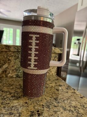 Rhinestone Football Tumbler with Handle - Brown